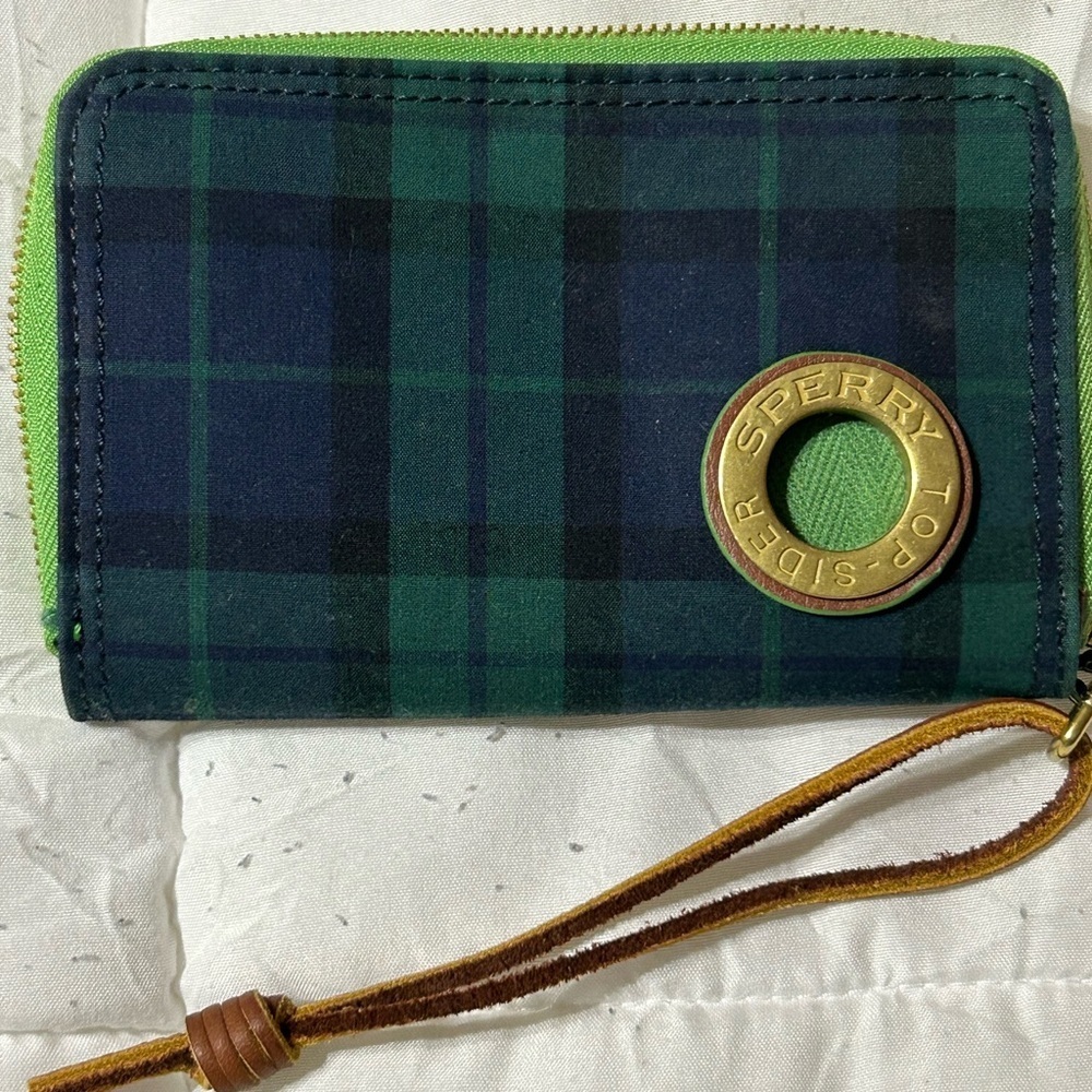 Sperry Top Sider Tartan Plaid Wallet with Suede Leather Wrist Strap